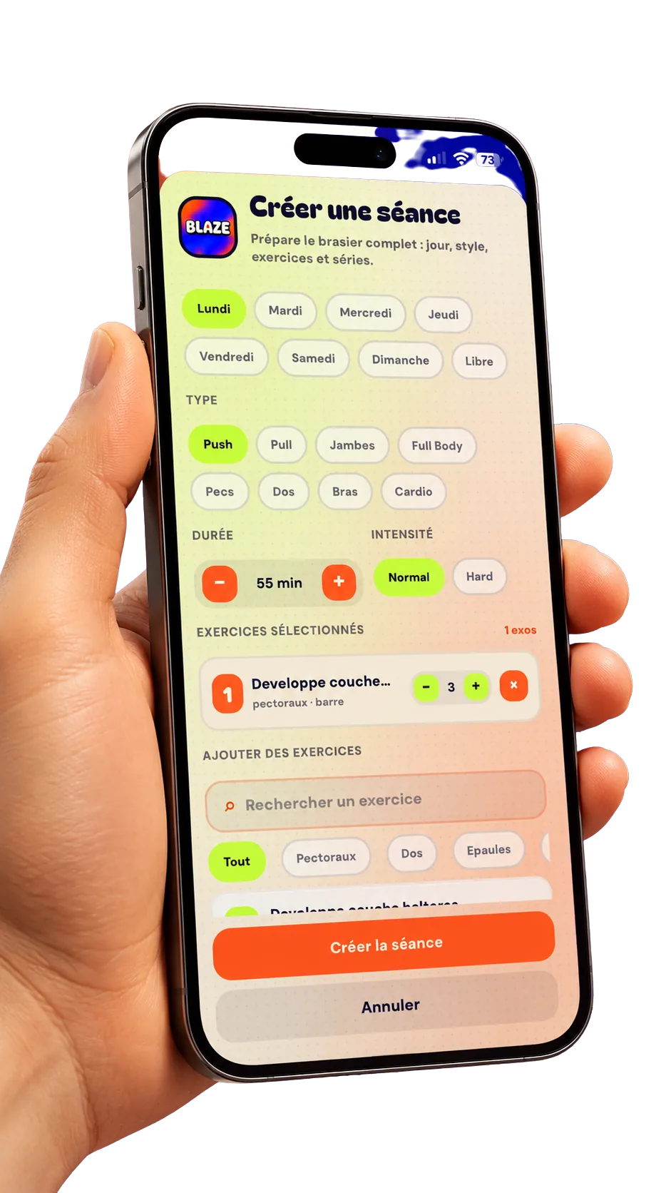 App BLAZE — créer une séance
